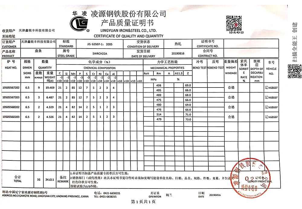 LINGYUAN STEEL QUALITY CRETIFICATE